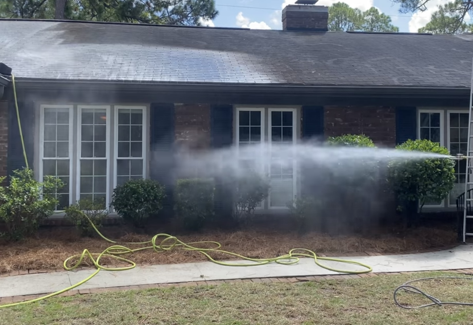 The roof being soft washed and the plants being watered to avoid damage